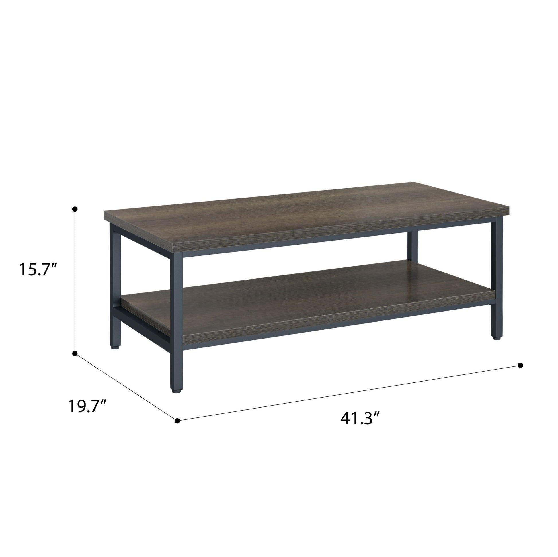 Dark wood grain coffee table with metal frame and lower shelf for modern living rooms
