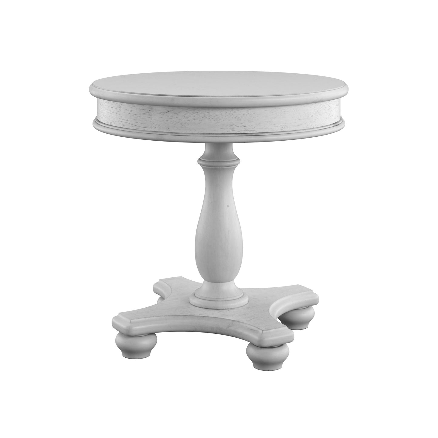 Distressed white round accent table with turned pedestal