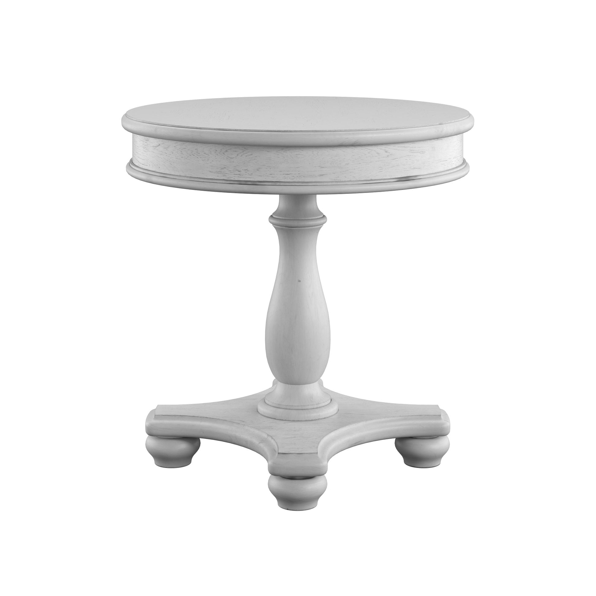 Distressed white round accent table with carved pedestal base