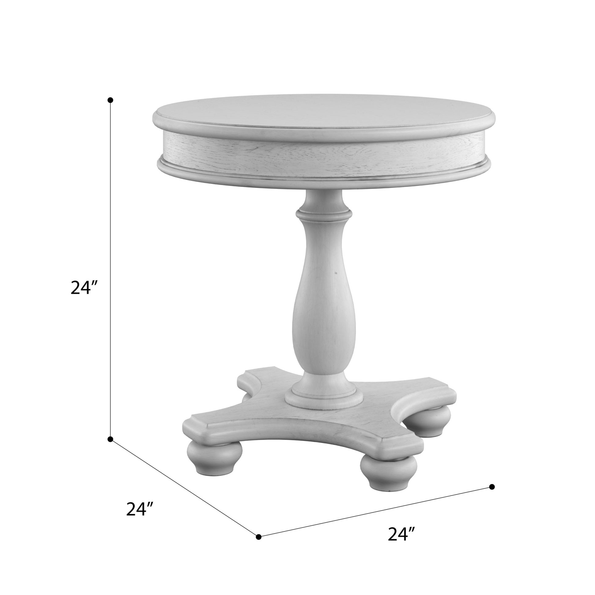 White distressed wood round accent table with pedestal base and four carved feet