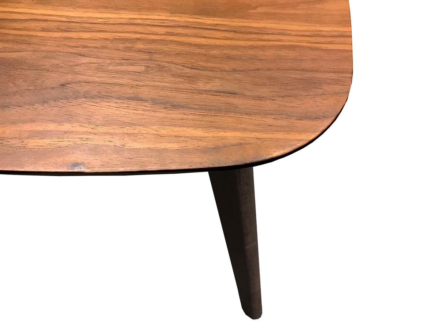 Natural walnut wood grain table top with tapered dark legs