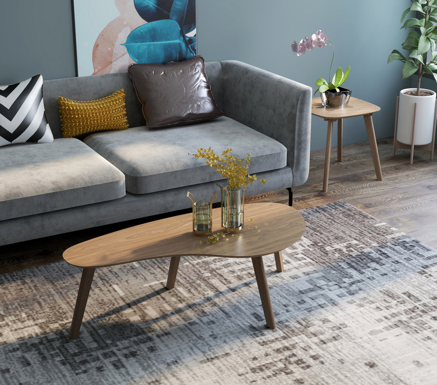Modern grey sofa with geometric and textured throw pillows