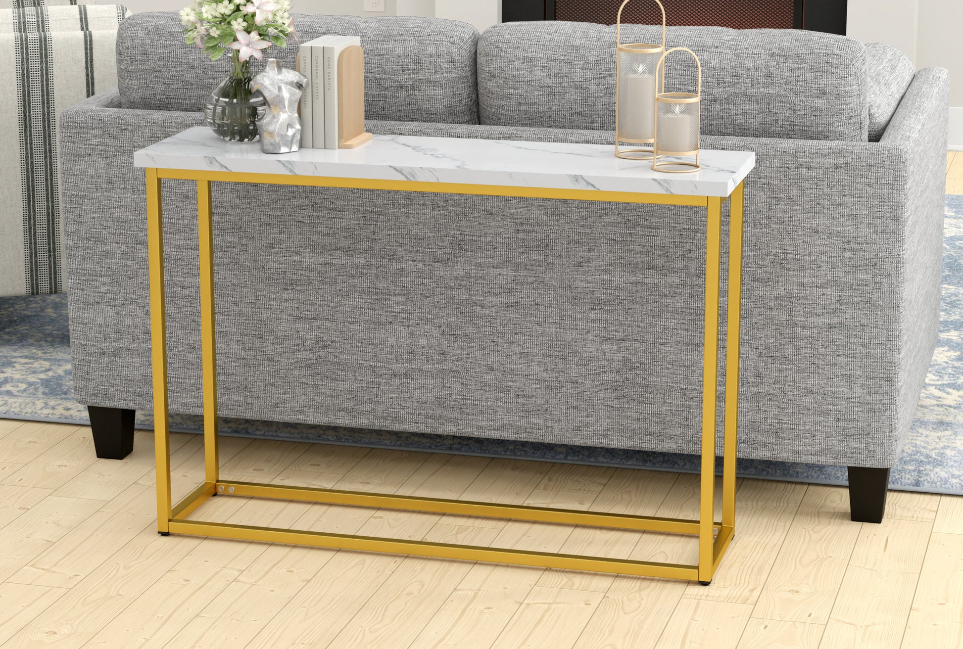 White marble top console table with gold metal frame