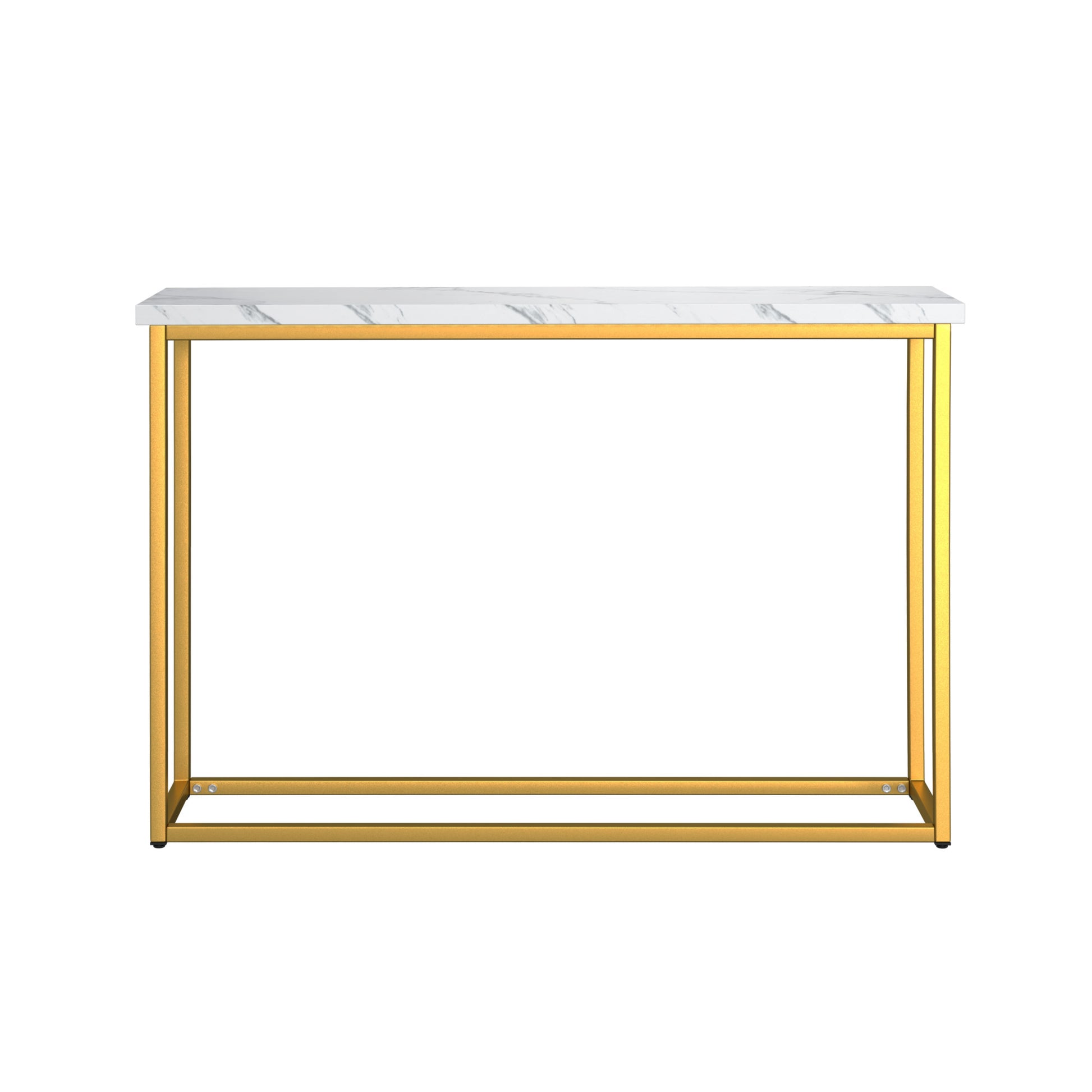 Modern gold console table with white marble top and slim rectangular base