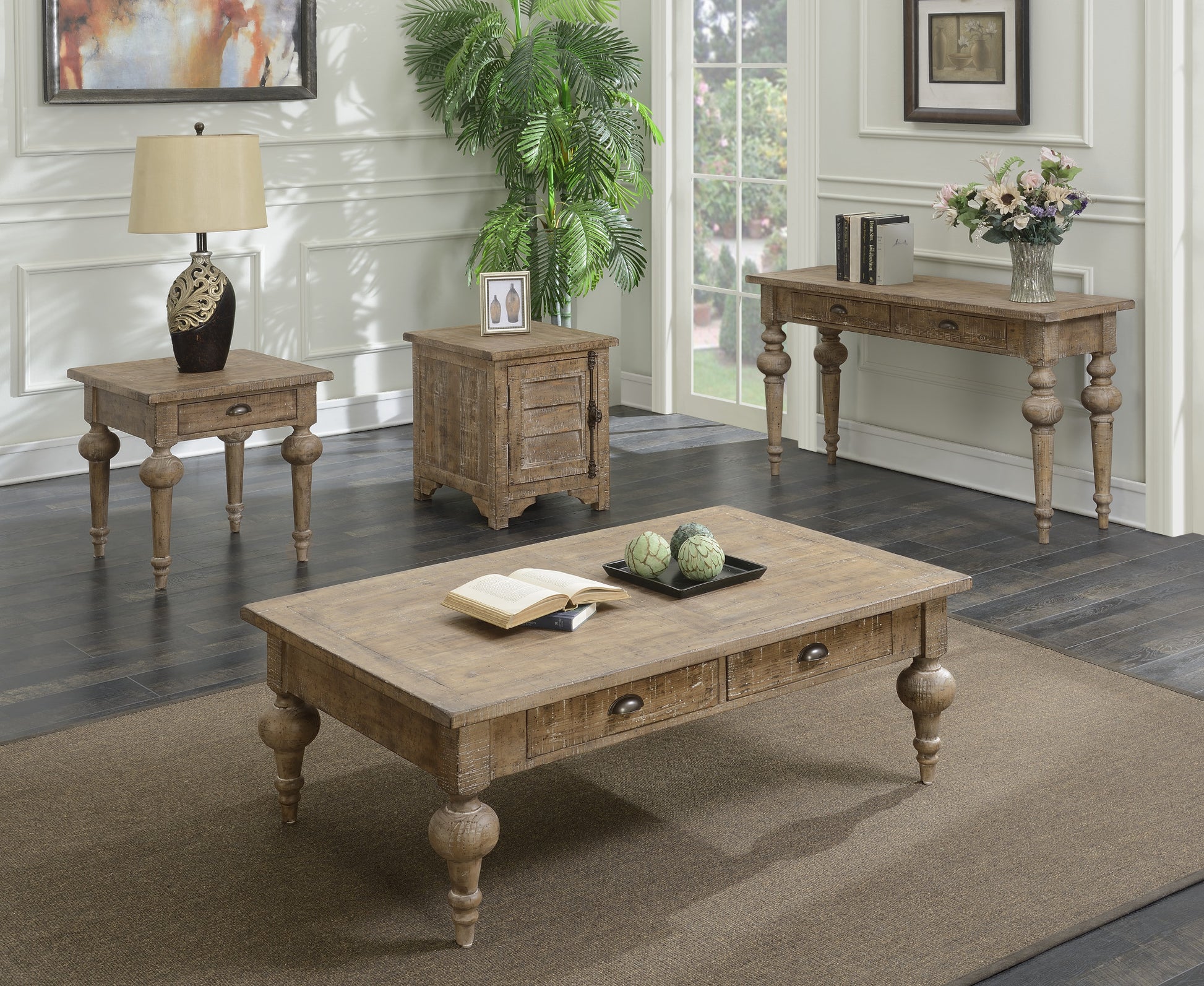 Rustic pine coffee table with two drawers and turned legs