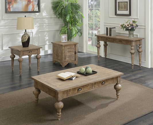 Rustic pine coffee table with two drawers and turned legs