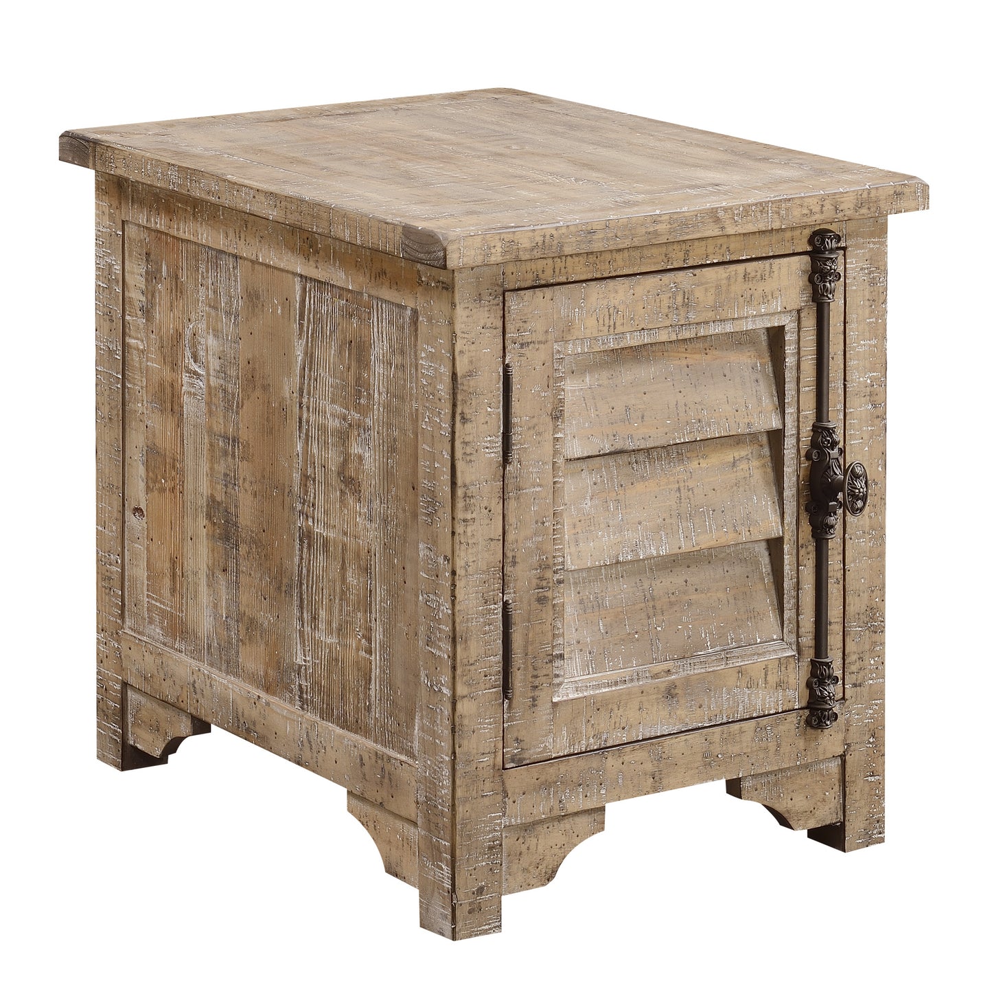 Distressed wood accent cabinet with louvered door and ornate hardware