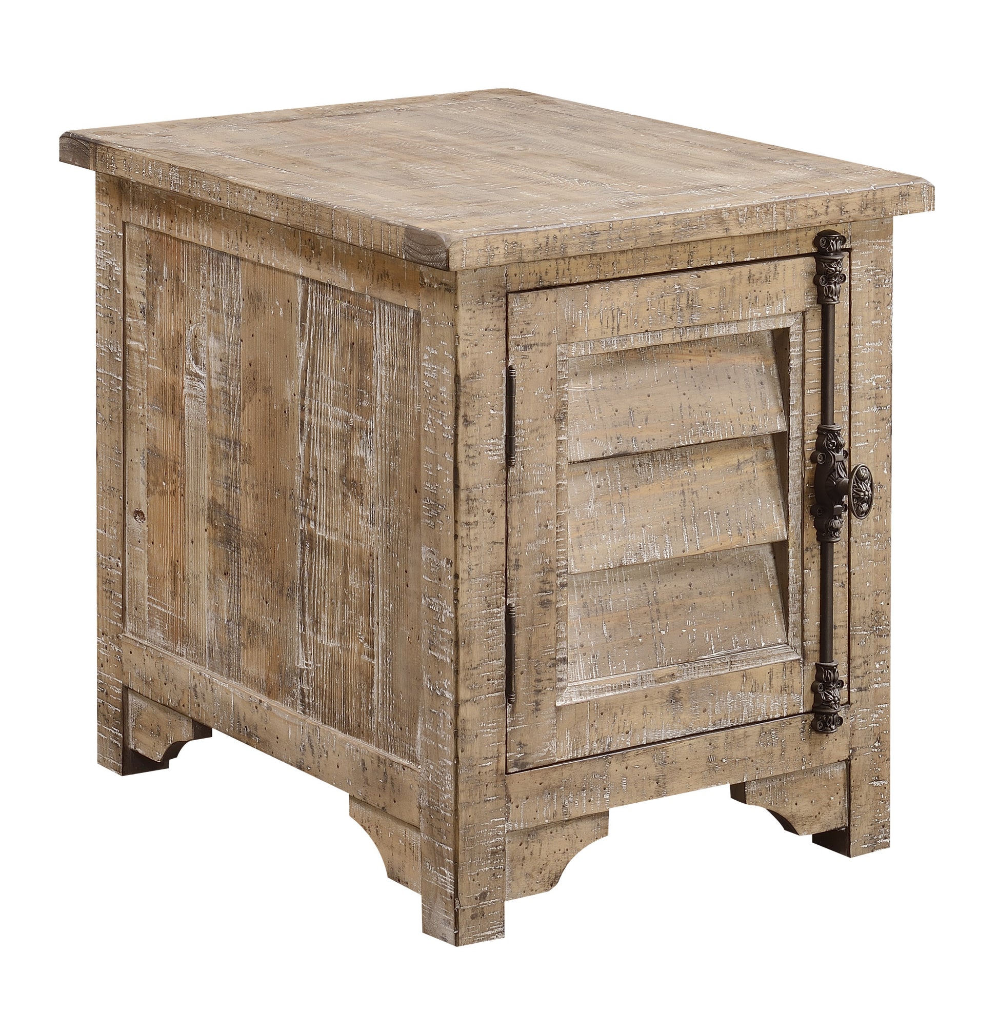 Distressed wood accent cabinet with louvered door and ornate hardware