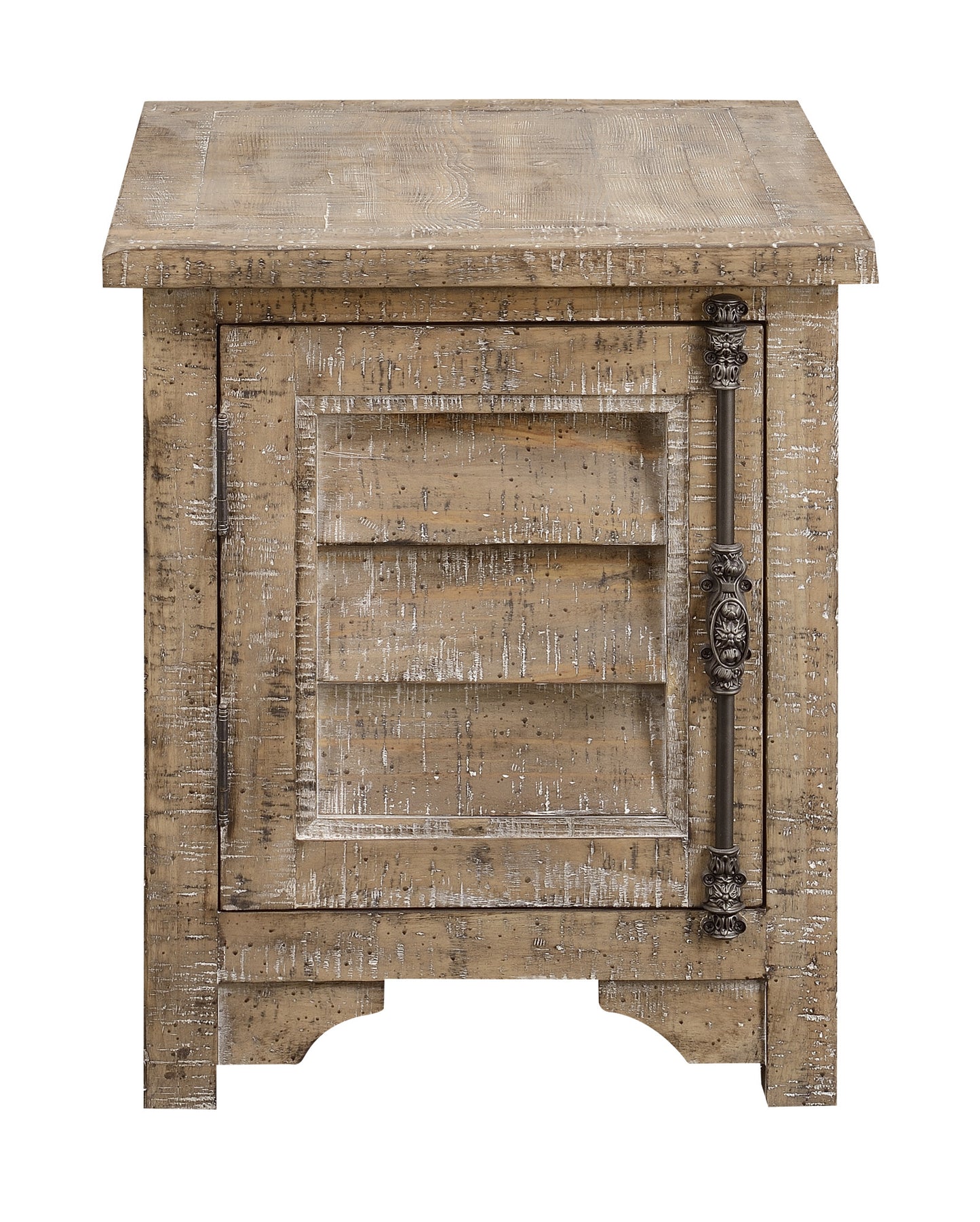 Rustic distressed wood nightstand with antique metal pull handle