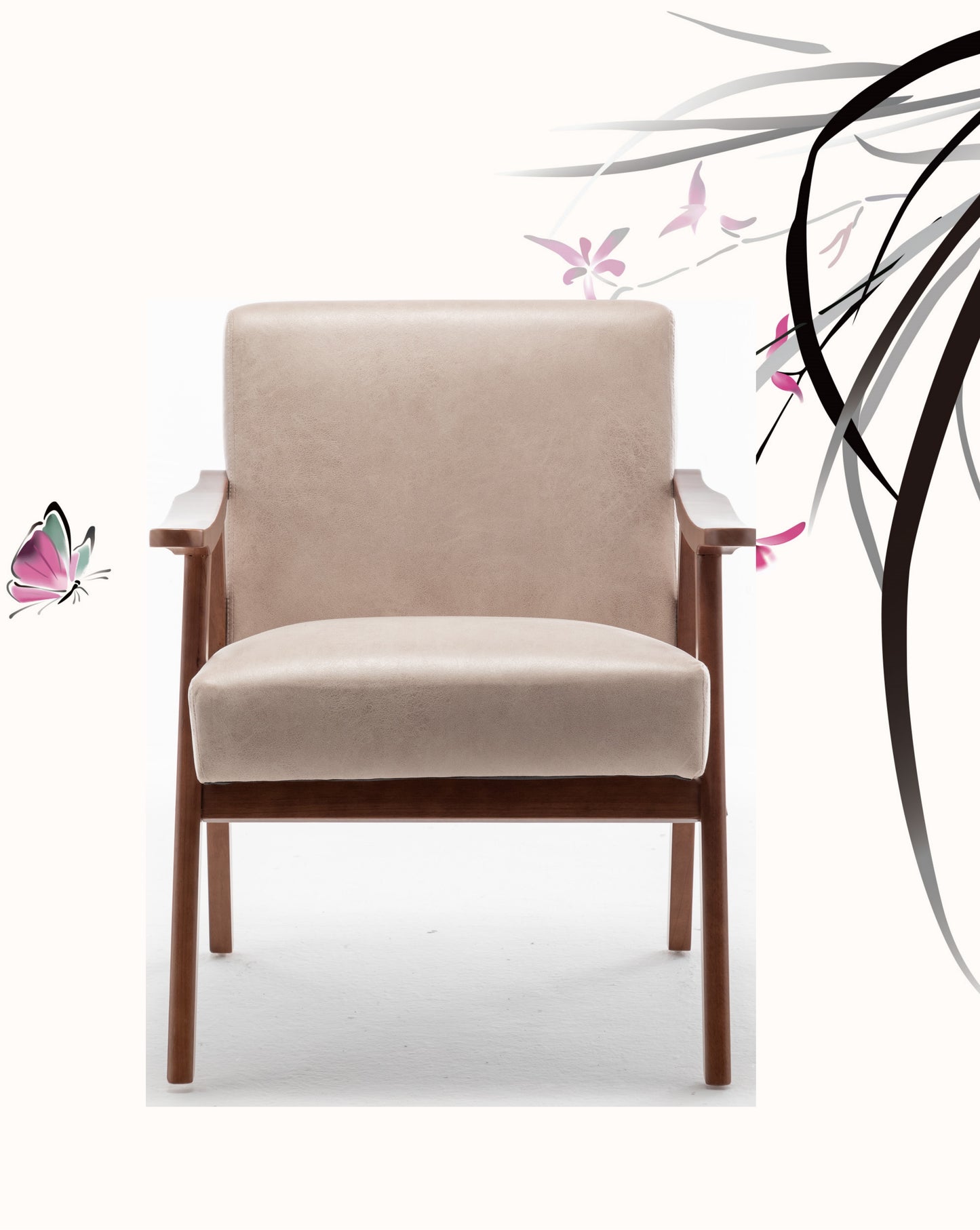 Beige upholstered accent chair with light wood frame