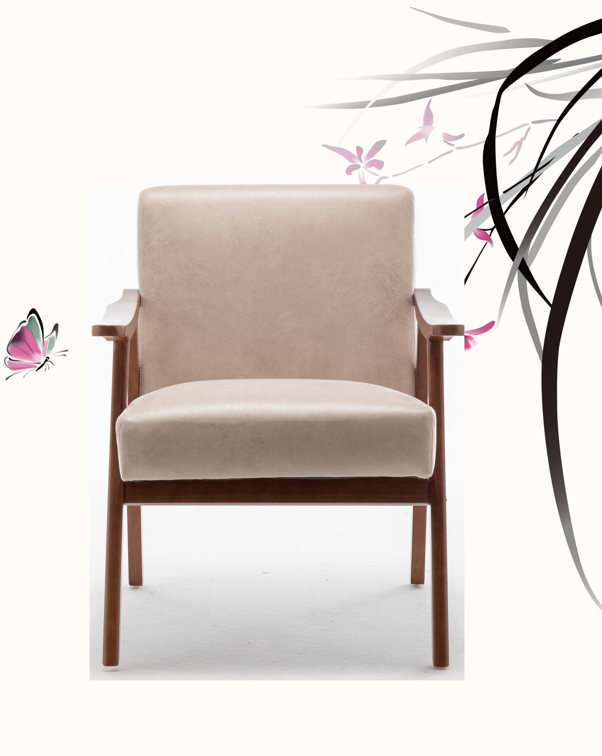 Beige upholstered accent chair with light wood frame