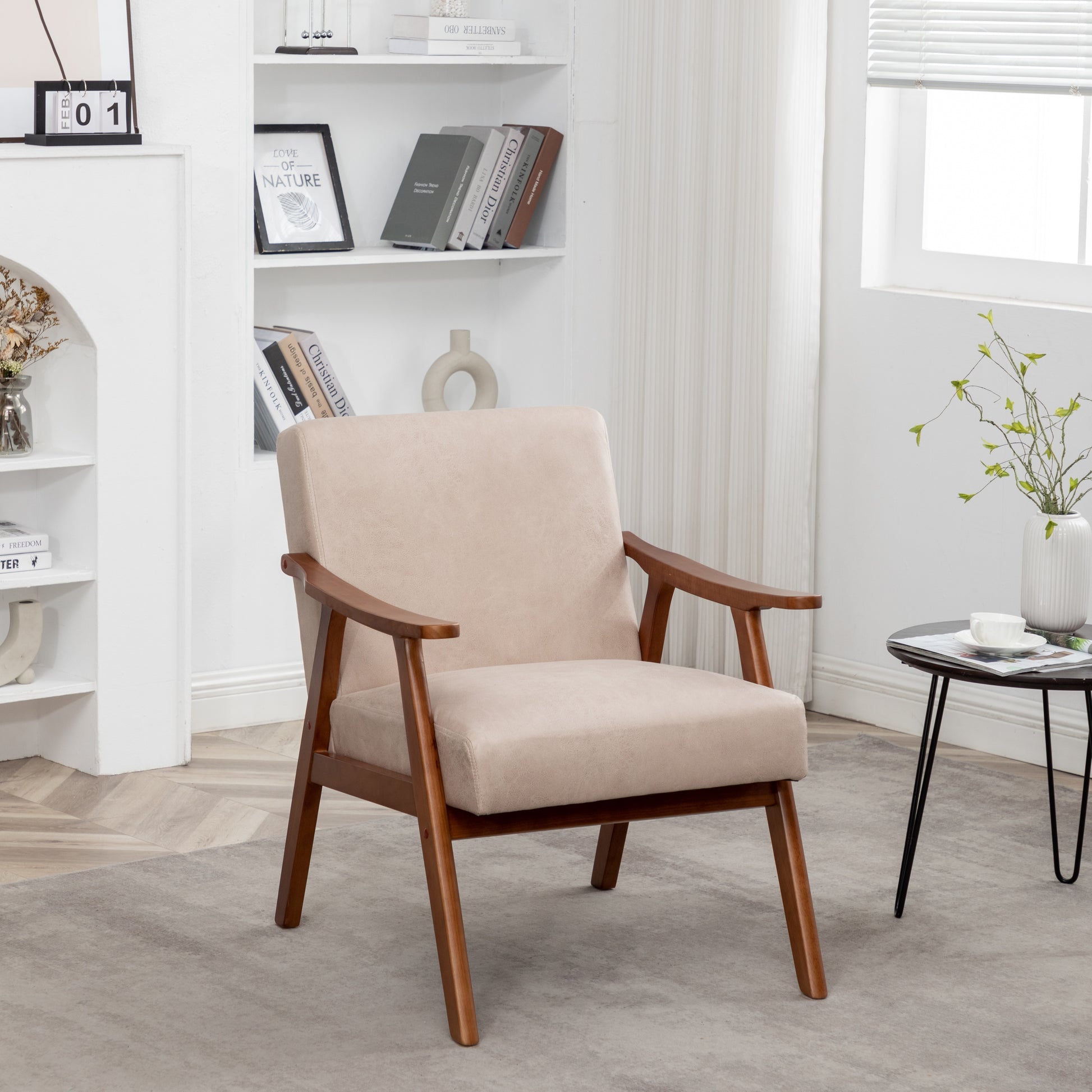 Comfortable accent chair with beige upholstery and wooden arms