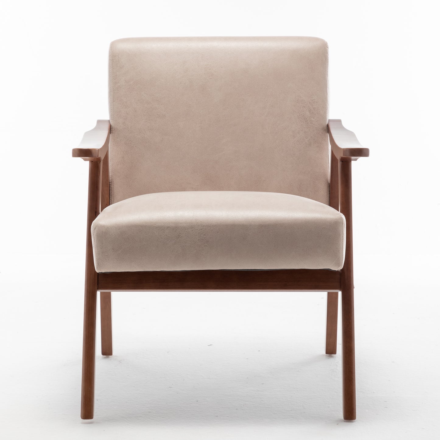 Beige upholstered armchair with midcentury modern wooden frame