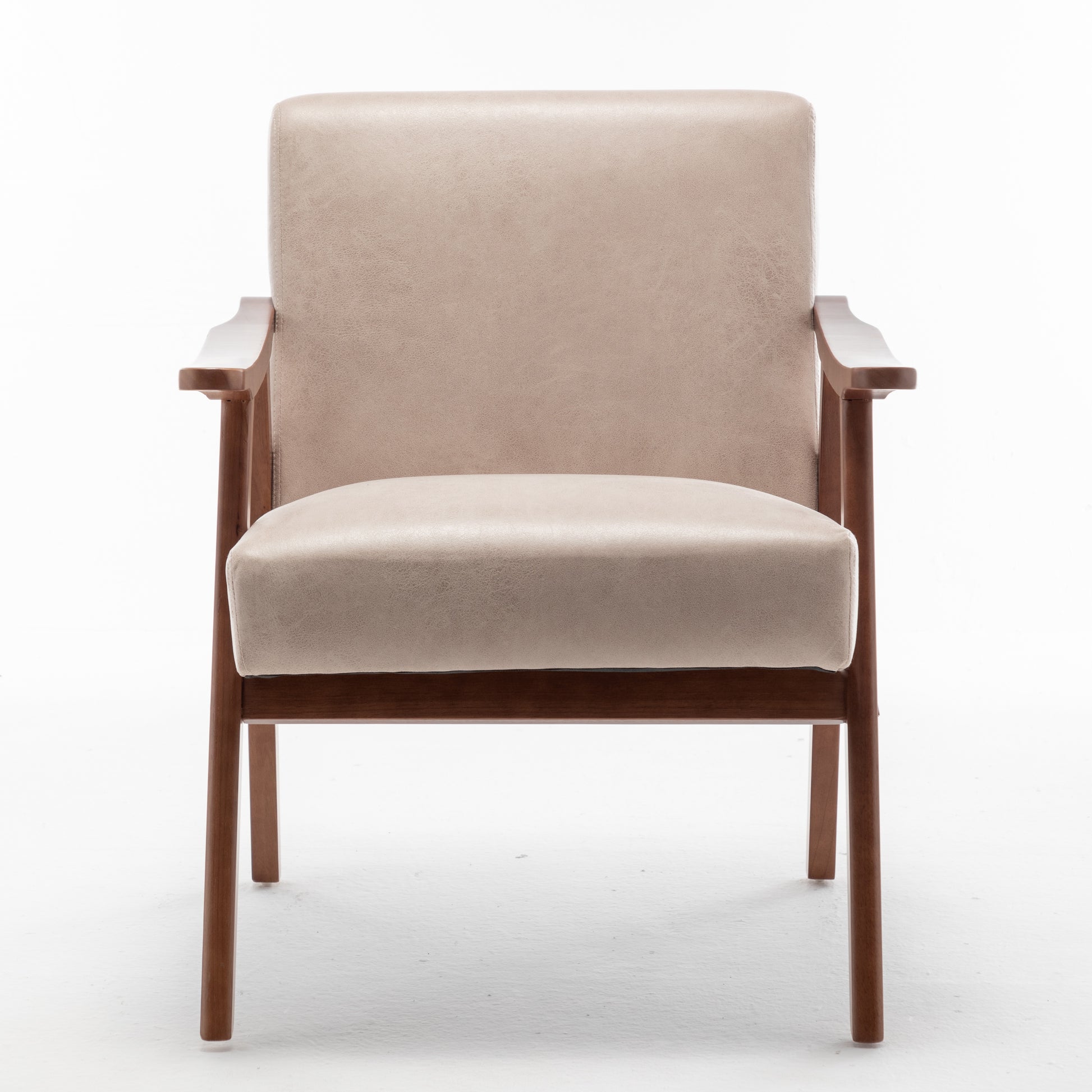Beige upholstered armchair with midcentury modern wooden frame