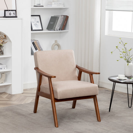 Beige fabric armchair with wooden arms and legs
