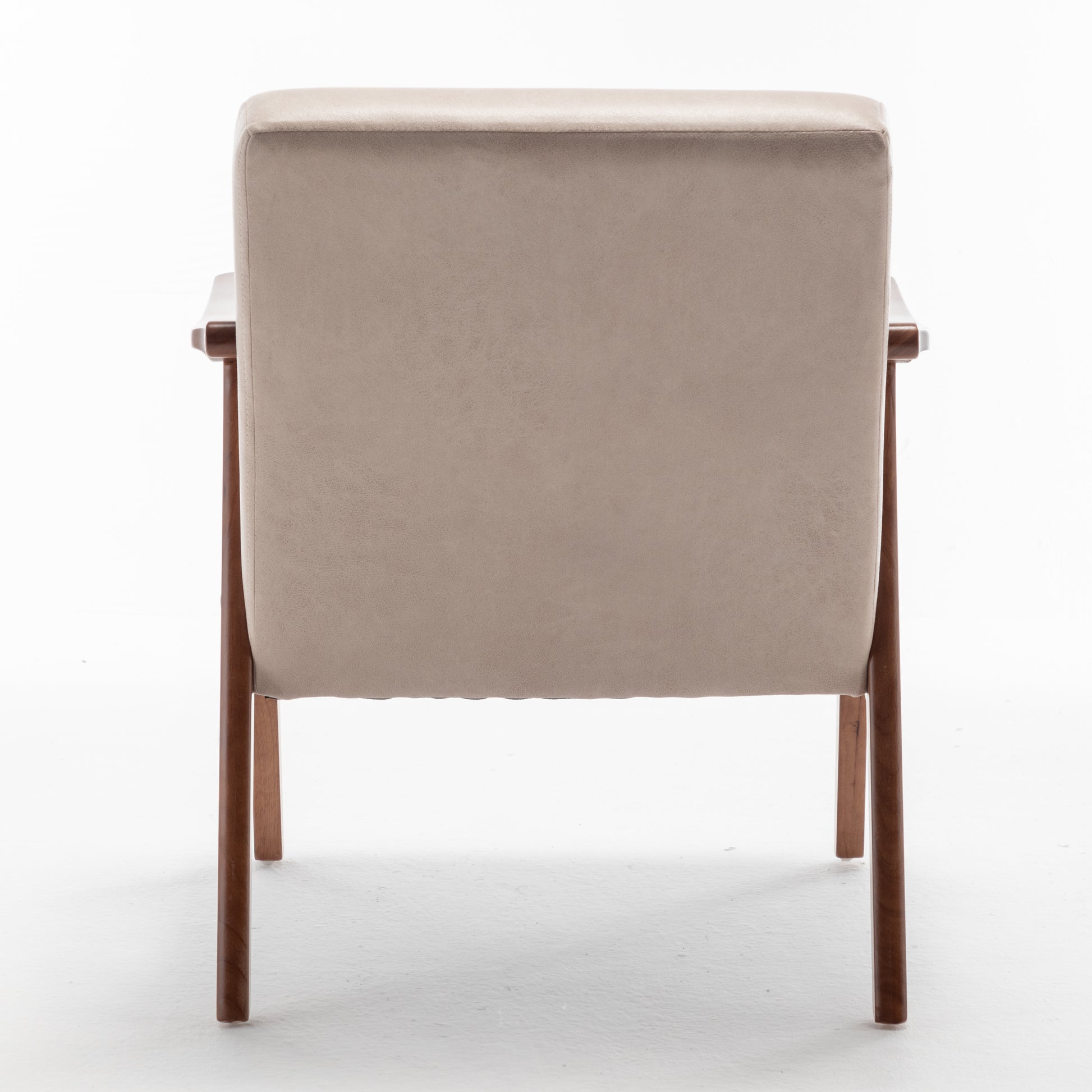 Back view of a modern beige armchair with wooden legs