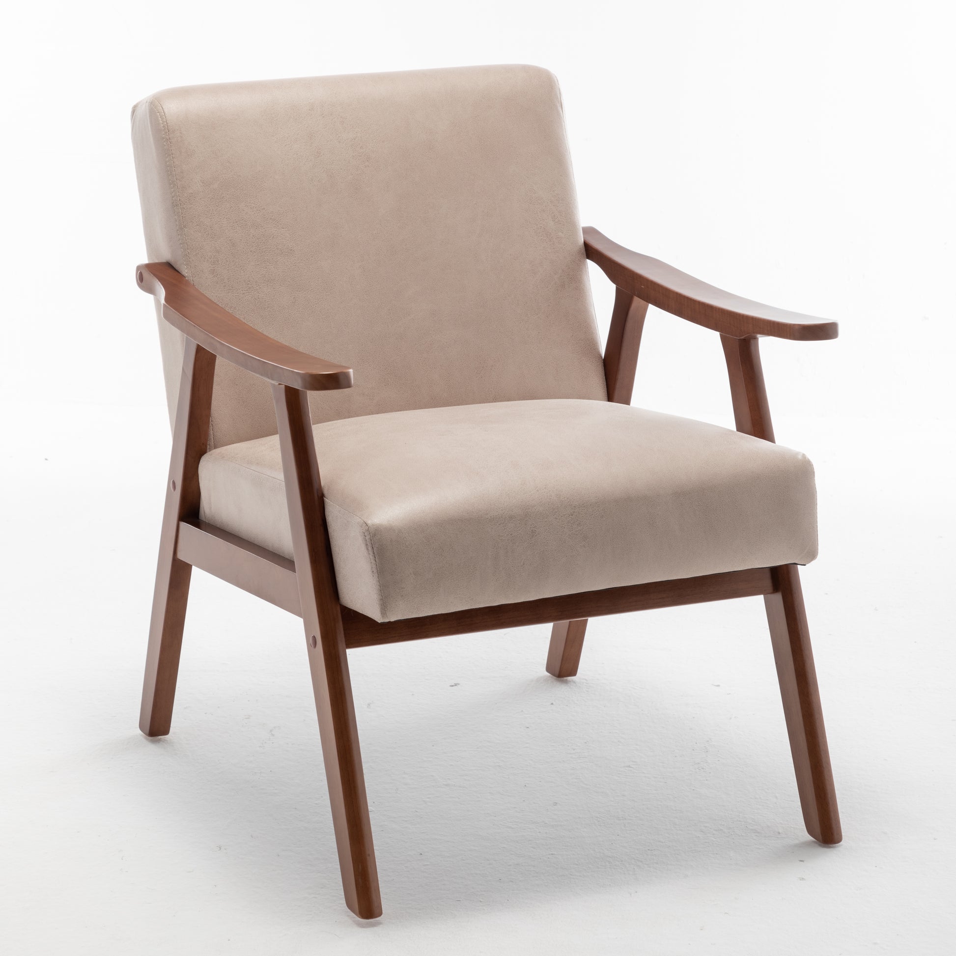 Beige upholstered armchair with midcentury modern walnut wood frame