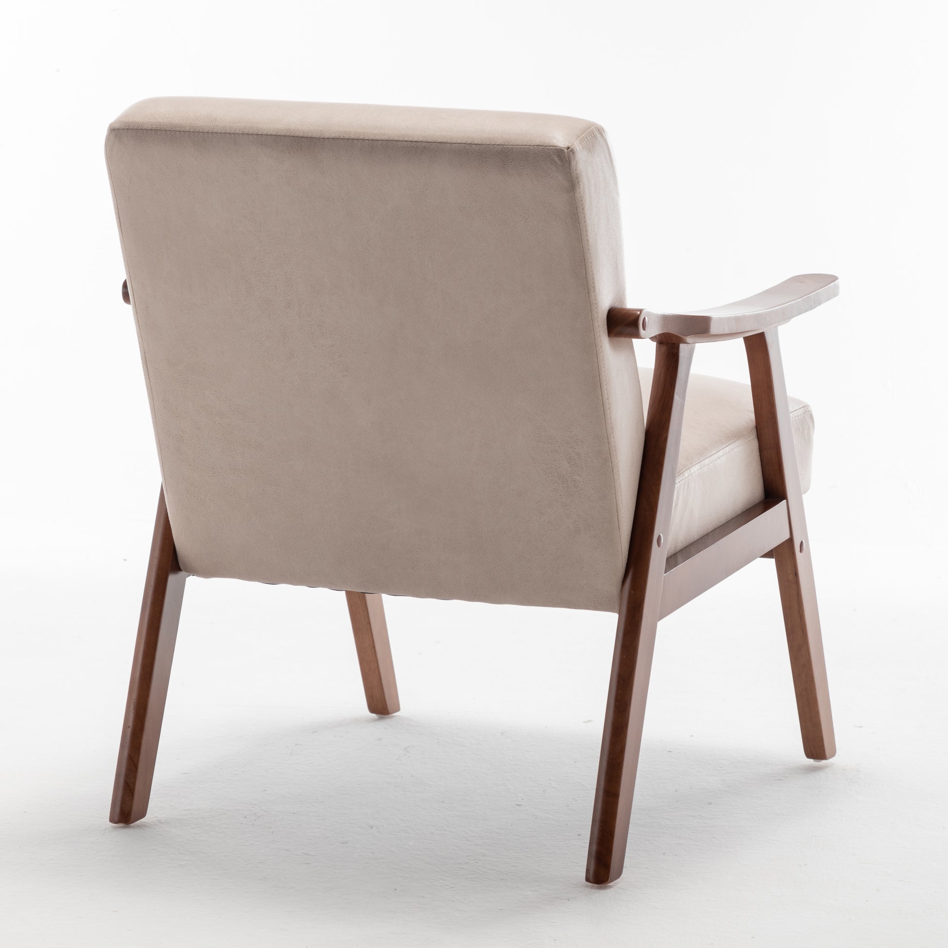 Beige upholstered accent chair with wooden frame and arms