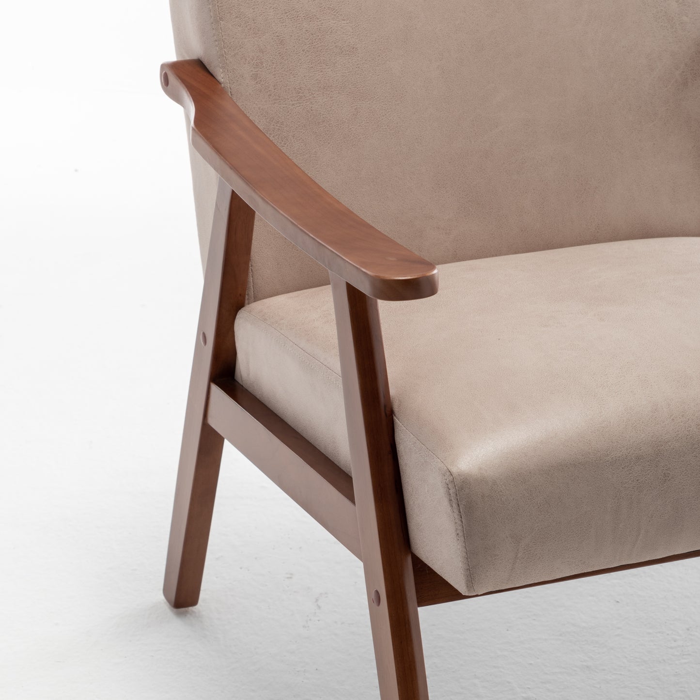 Beige textured fabric armchair with natural wood armrests and frame