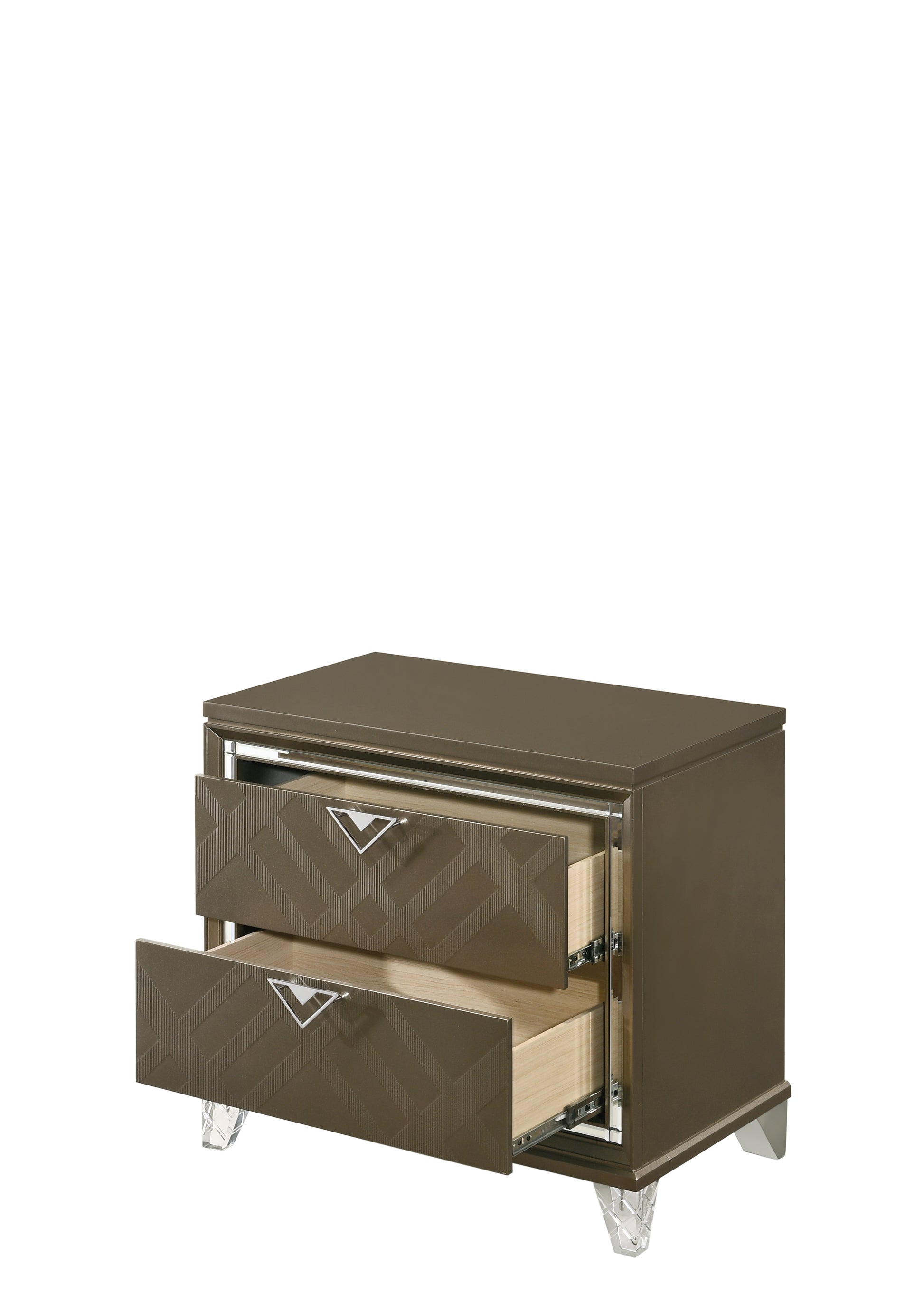 Brown modern nightstand with geometric drawer fronts and crystal legs