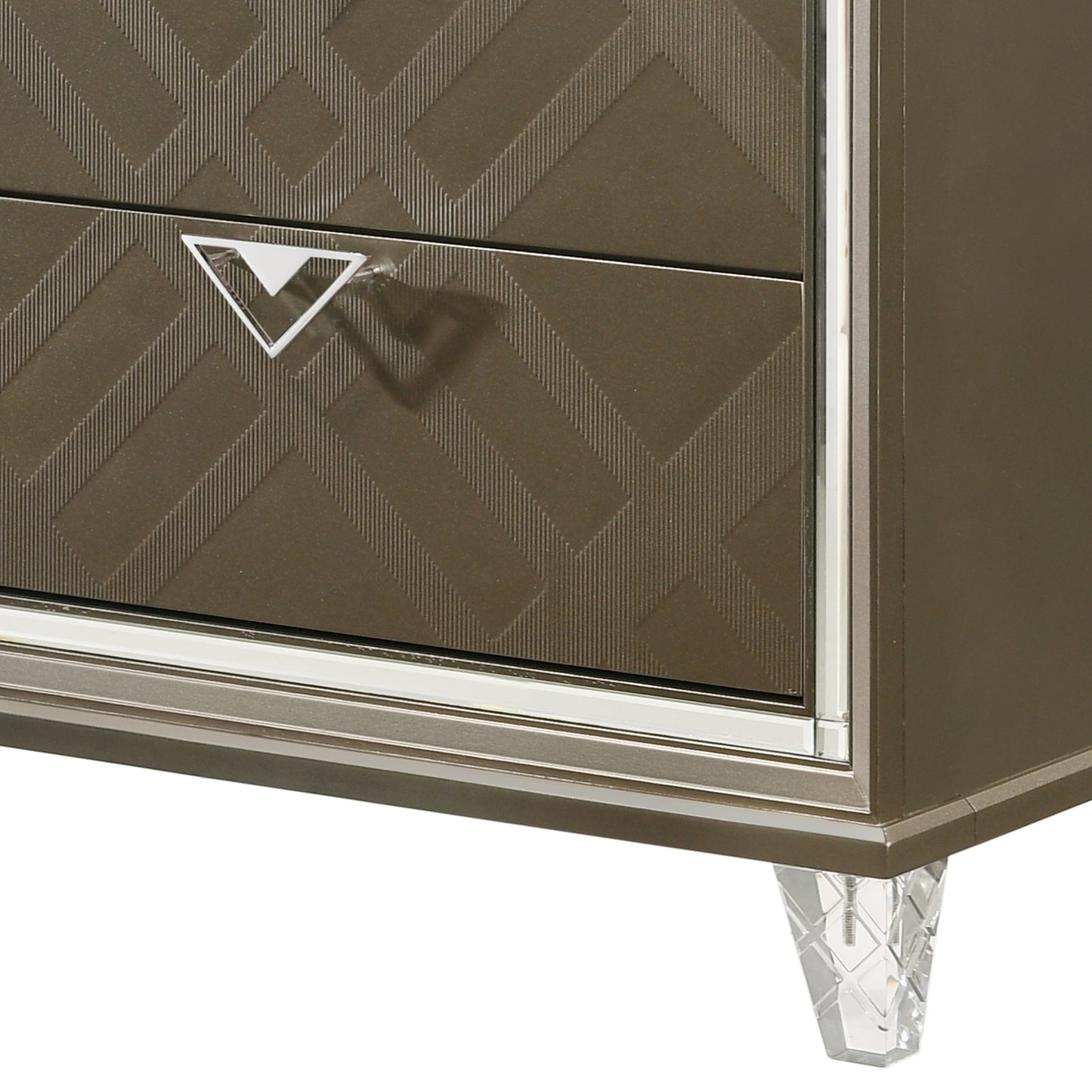 Bronze textured nightstand drawer with geometric pattern and crystal knob