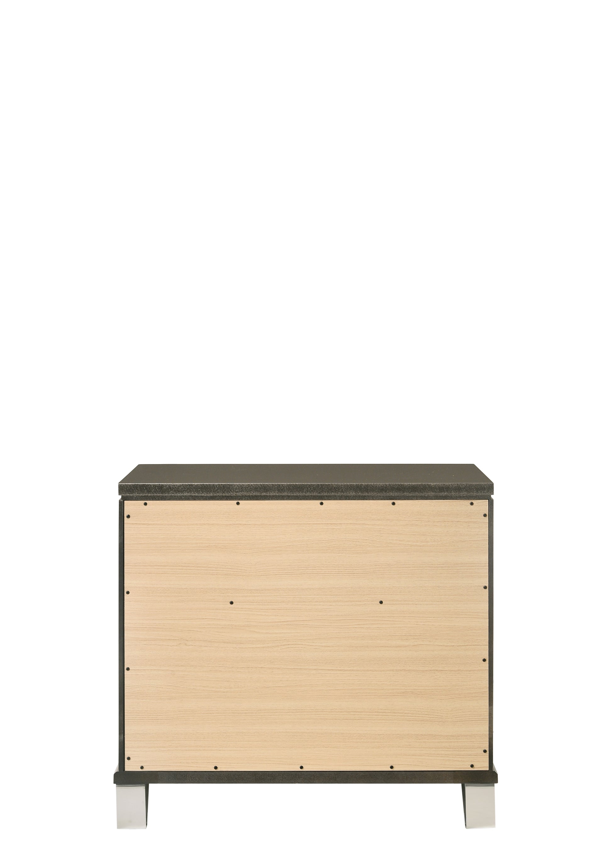 Modern side table with light wood veneer panel and black speckled top