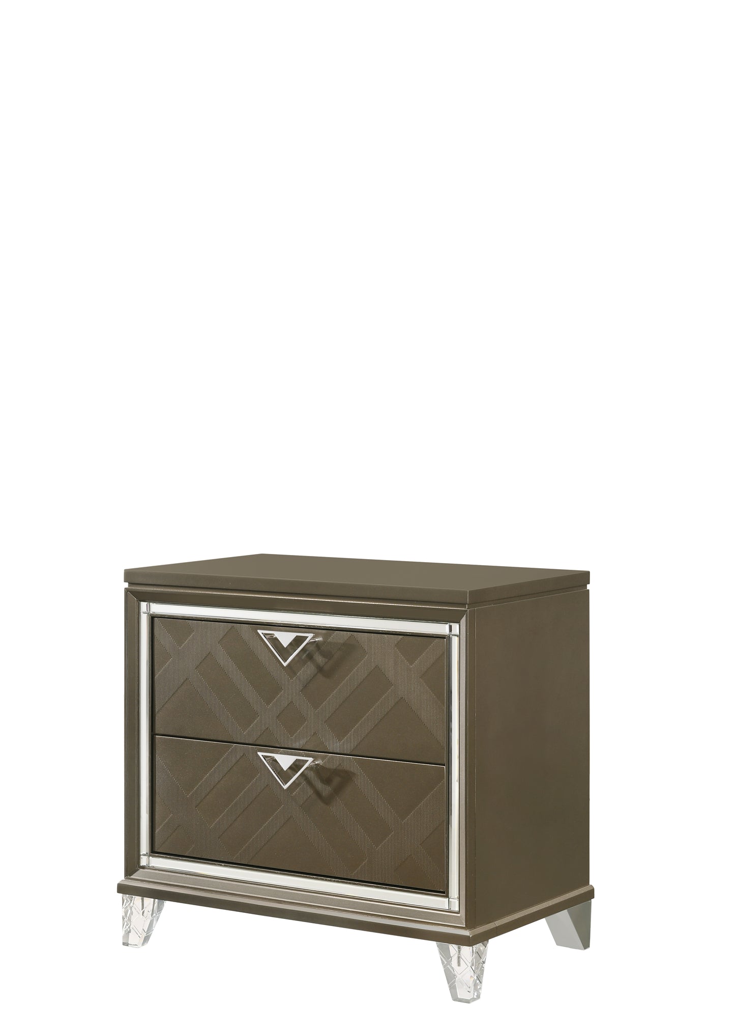 Taupe twodrawer nightstand with mirrored trim and geometric drawer fronts