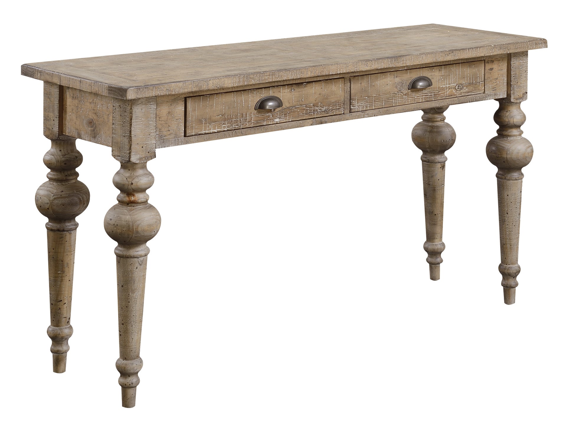 Rustic wood console table with two drawers and turned legs