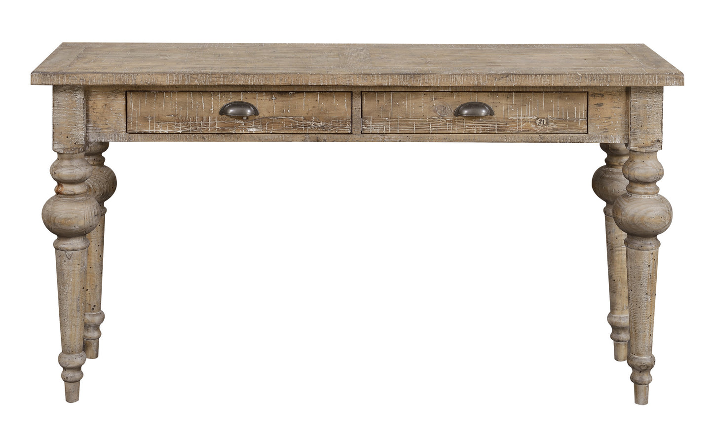 Rustic wooden console table with two drawers and antique metal pulls