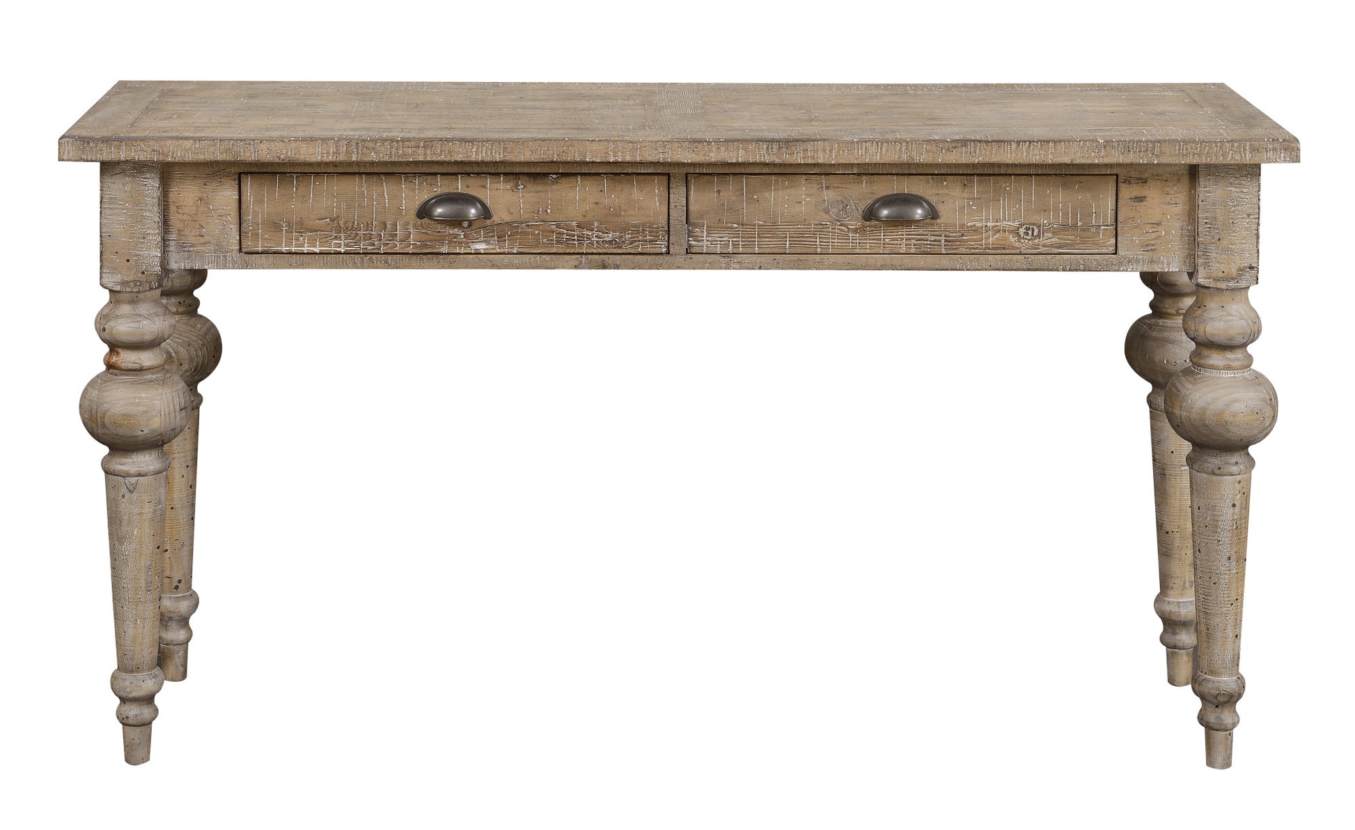 Rustic wooden console table with two drawers and antique metal pulls