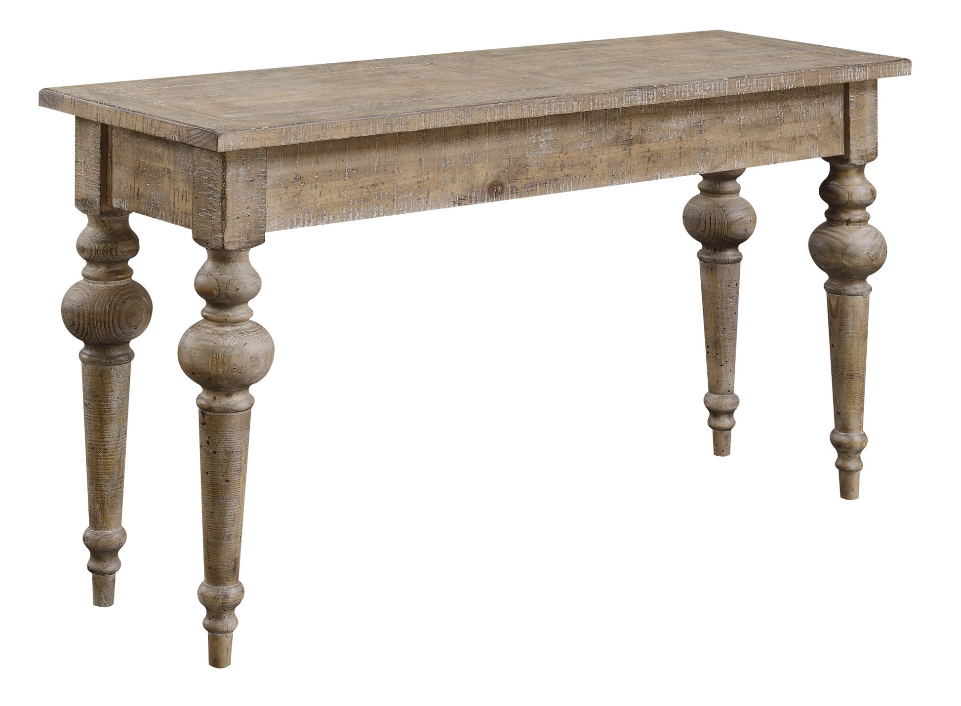 Rustic distressed wood console table with turned legs