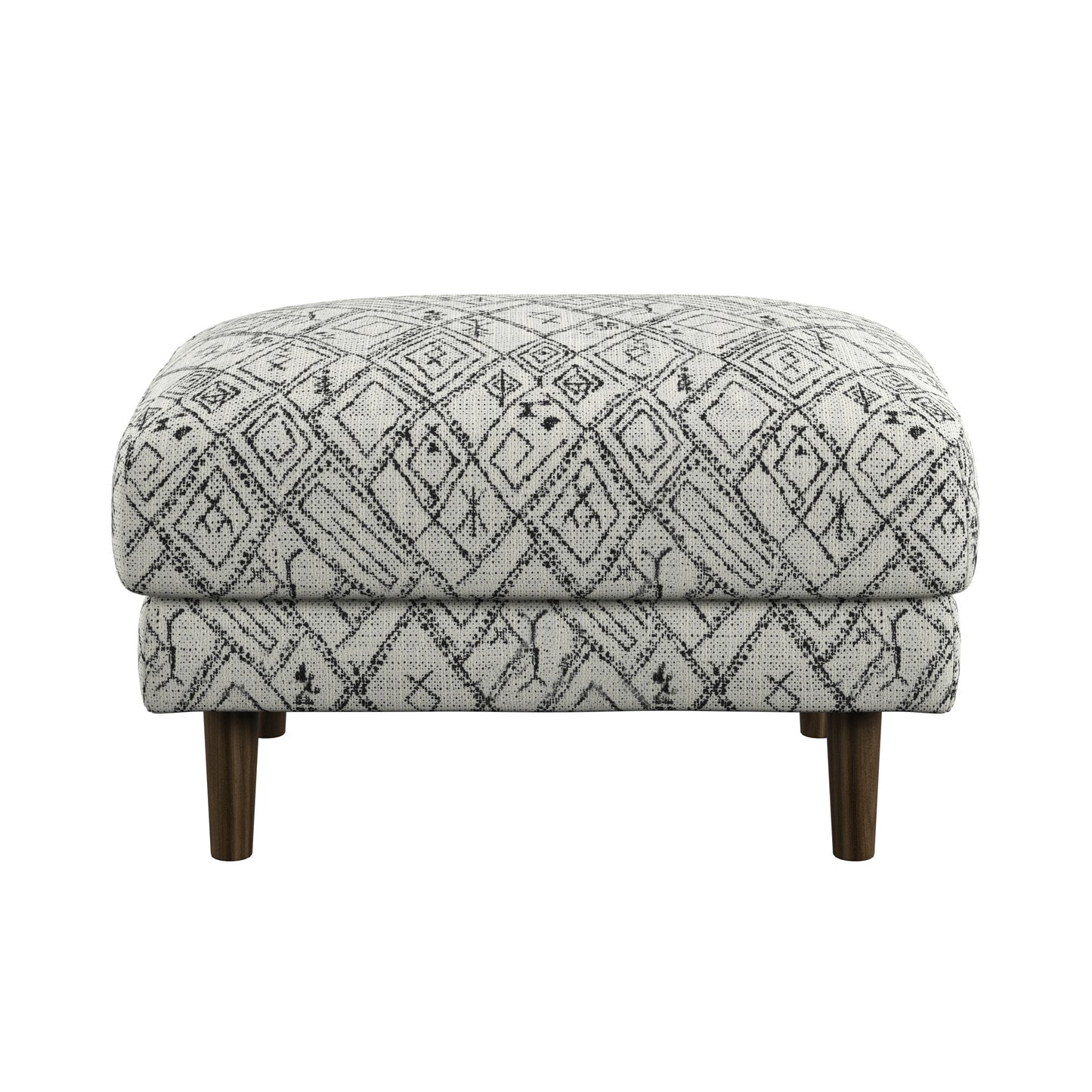 Geometric pattern fabric ottoman with dark wood legs
