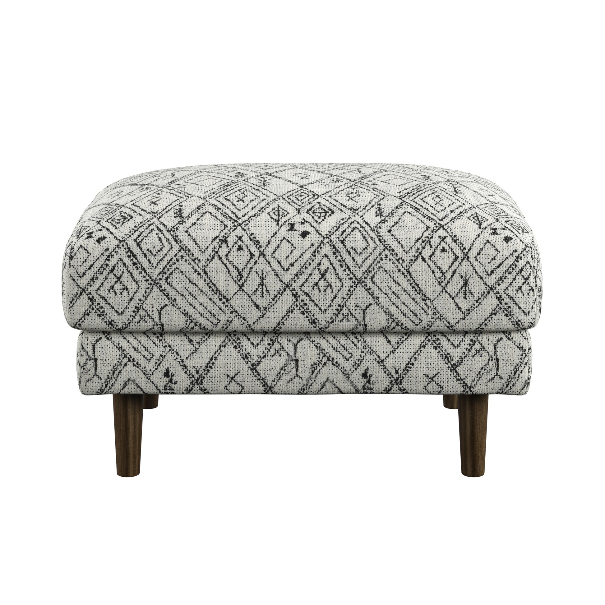 Geometric pattern fabric ottoman with dark wood legs