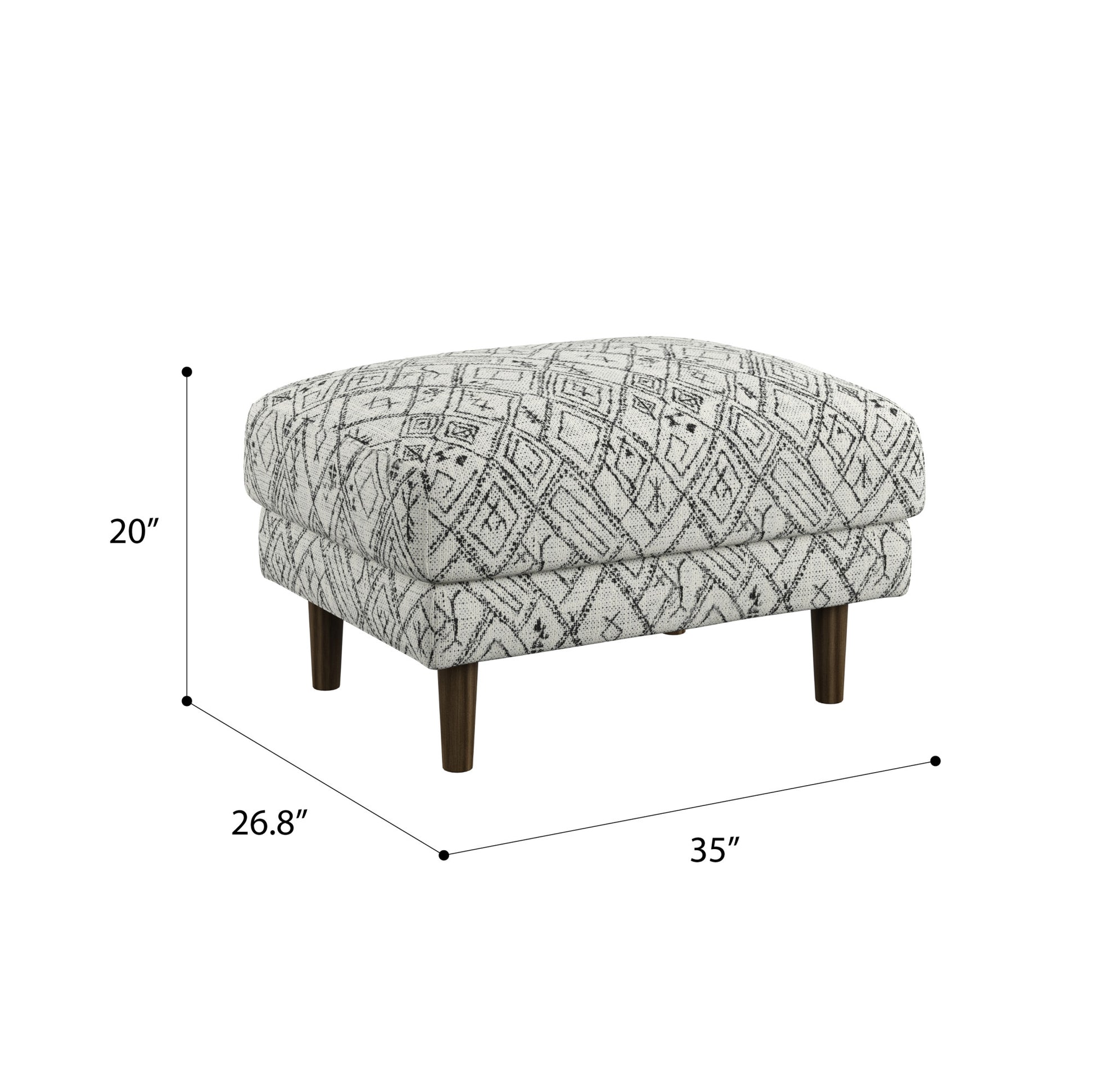 Patterned fabric ottoman with dark wood legs featuring a geometric diamond design Use as a footrest or extra seating