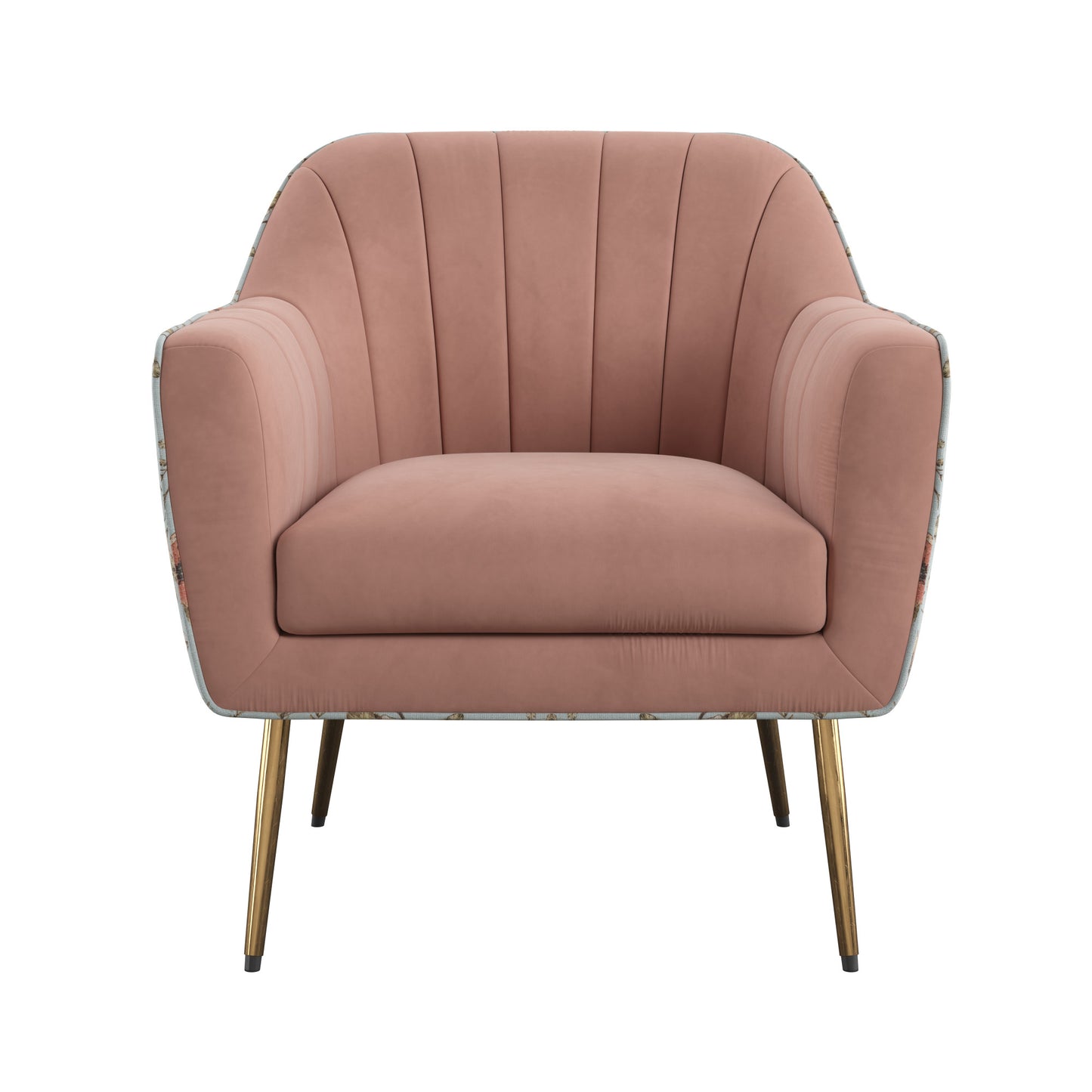 Pink velvet accent chair with channel tufting and gold tapered legs
