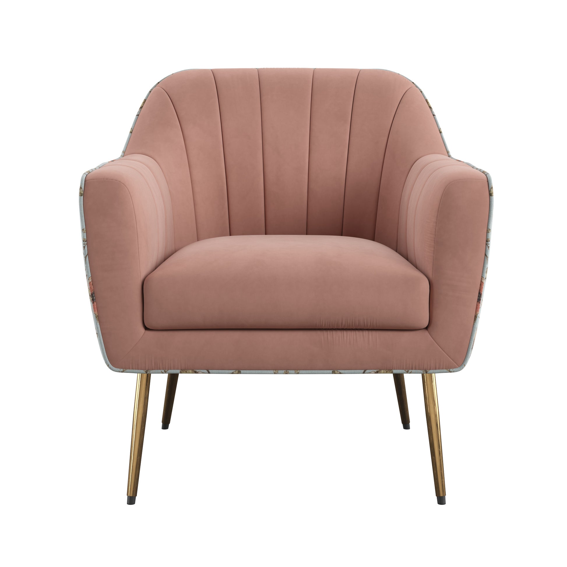 Pink velvet accent chair with channel tufting and gold tapered legs