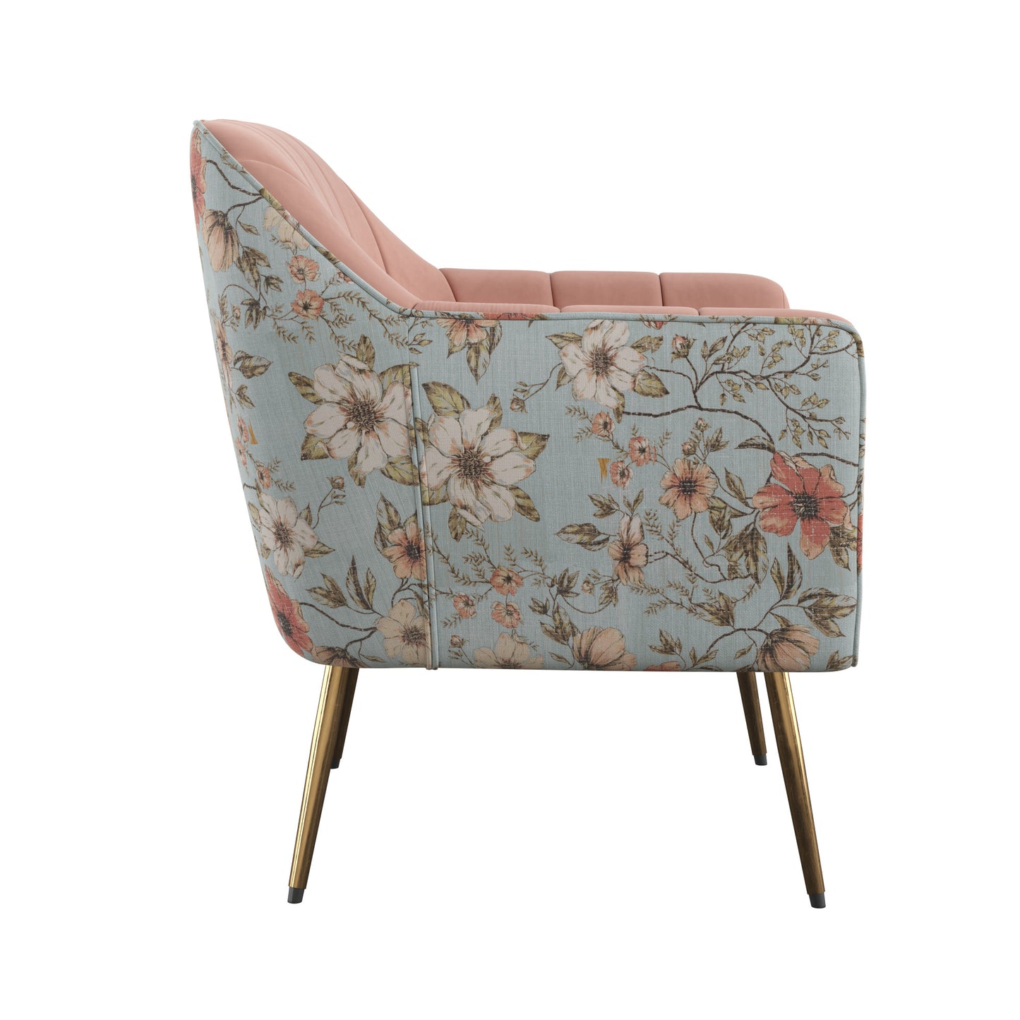 Floral accent chair with plush pink seating and blue floral upholstery