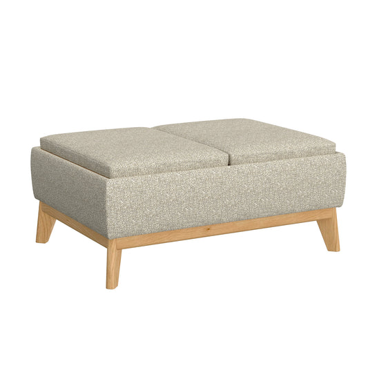 Beige storage ottoman with wood legs and dual lid