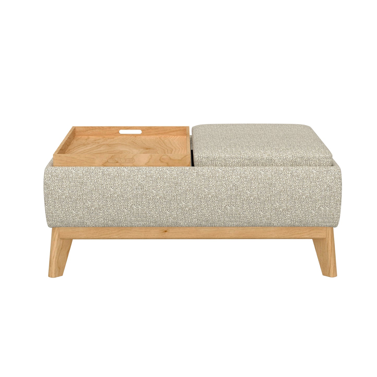 Beige linen upholstered storage ottoman with a light wood tray insert