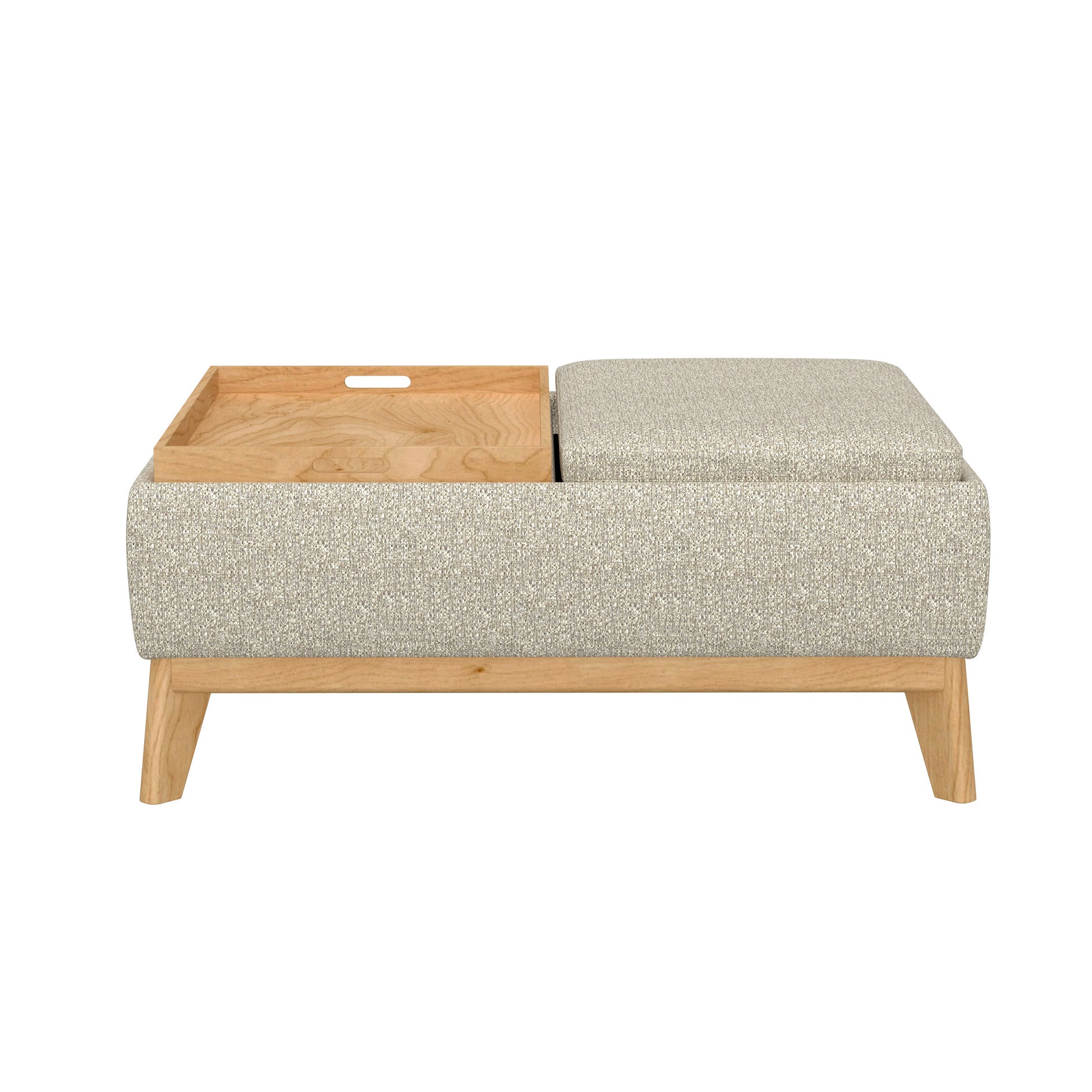 Beige linen upholstered storage ottoman with a light wood tray insert