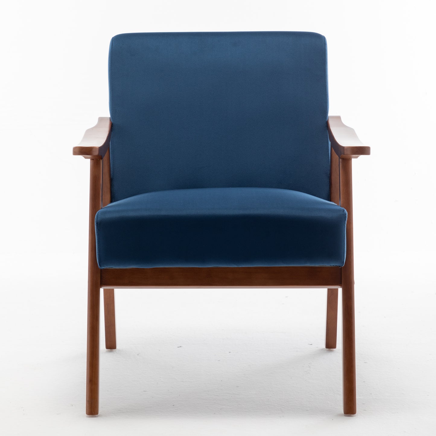 Navy velvet armchair with midcentury modern wood frame