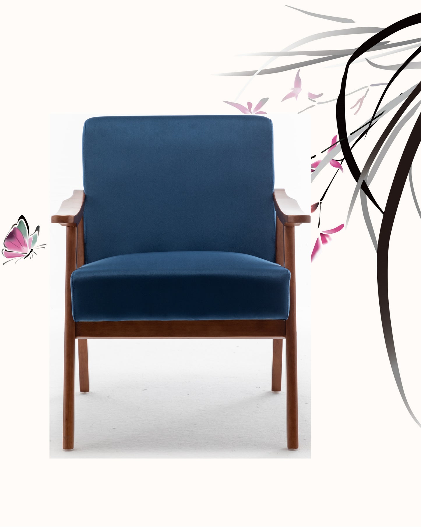 Blue velvet armchair with wooden frame