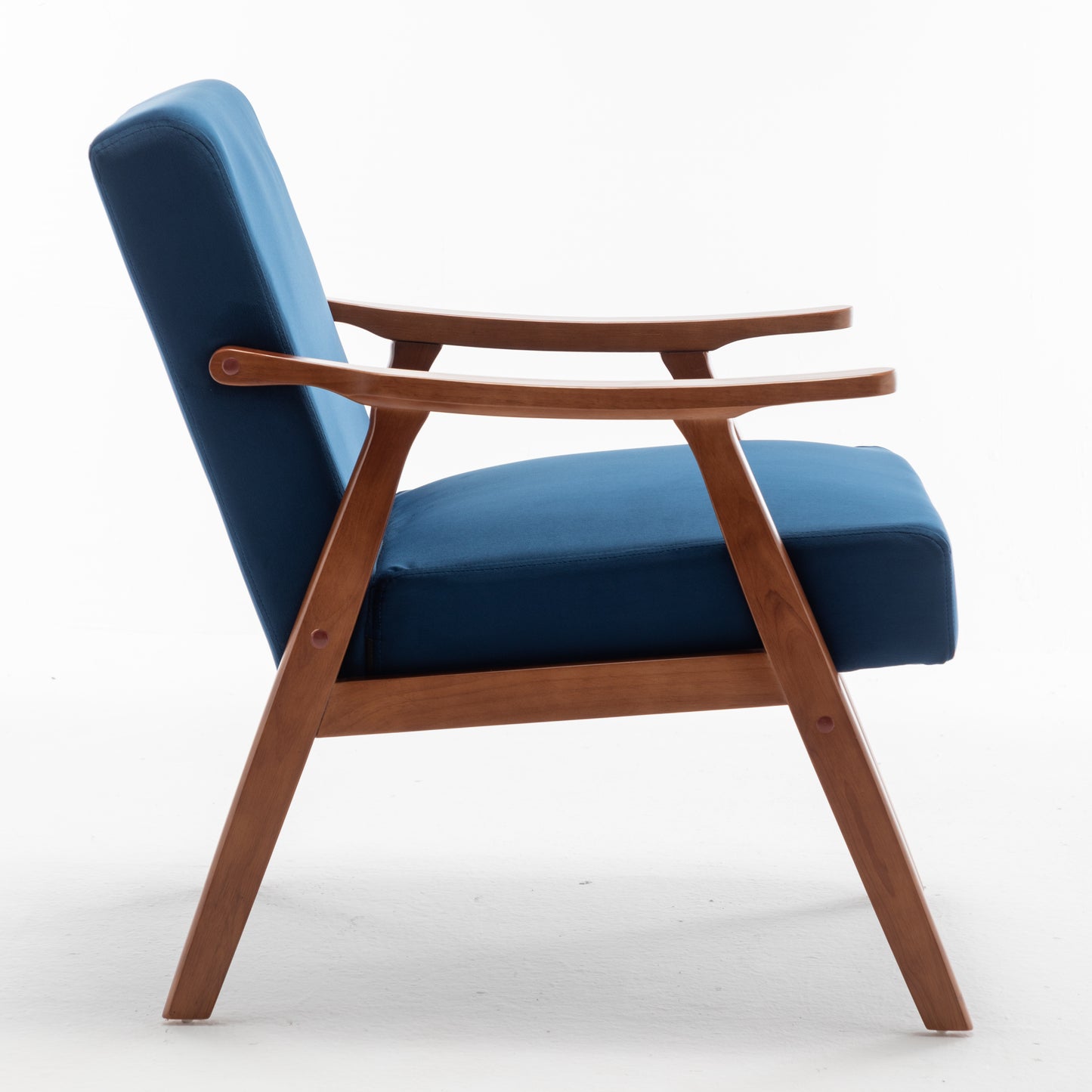 Midcentury modern blue upholstered armchair with curved wooden arms and legs