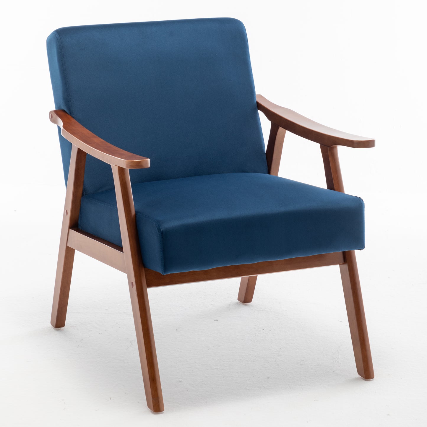 Navy blue velvet armchair with polished wooden legs and armrests