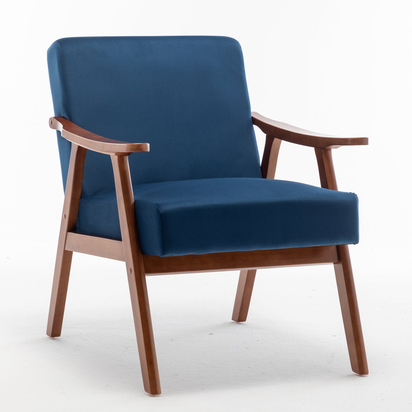 Deep blue fabric armchair with solid wood frame