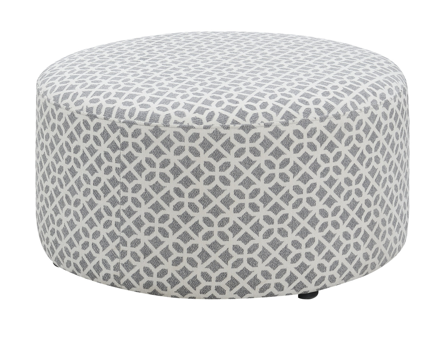 Round grey and white patterned fabric ottoman
