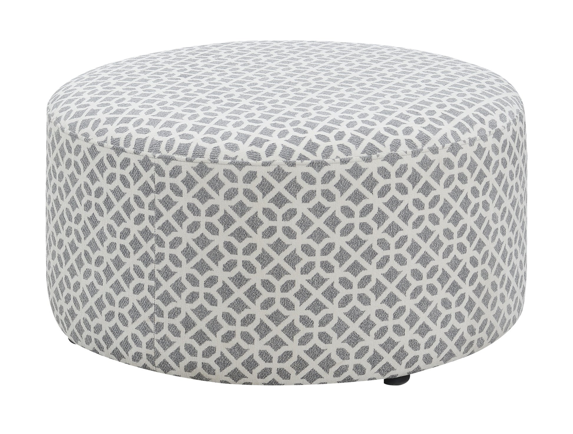 Round grey and white patterned fabric ottoman