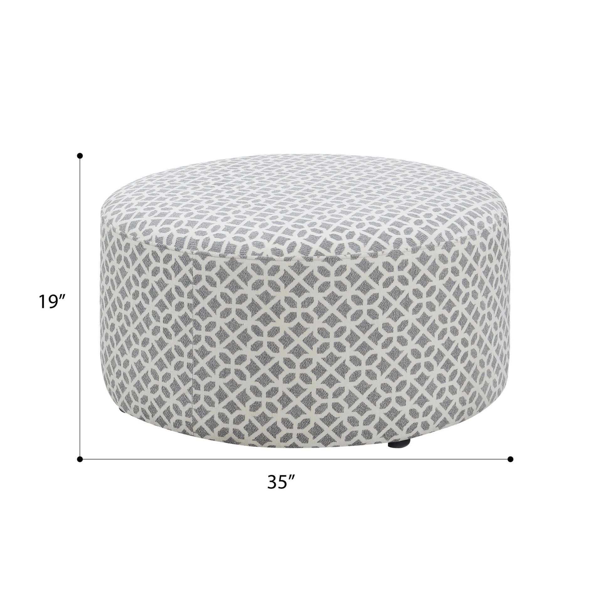 Round ottoman with grey geometric pattern