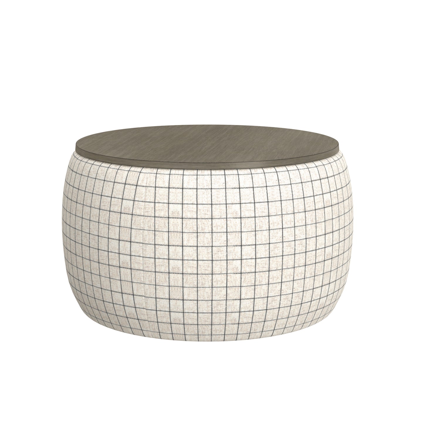 Round ottoman with grey wood top and cream fabric body featuring a subtle black grid pattern