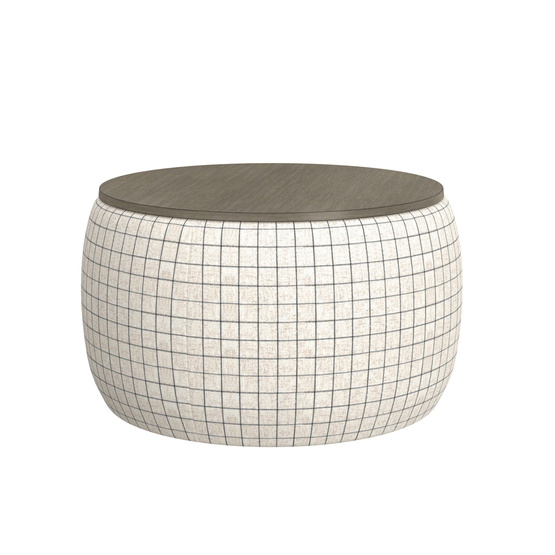 Round ottoman with grey wood top and cream fabric body featuring a subtle black grid pattern